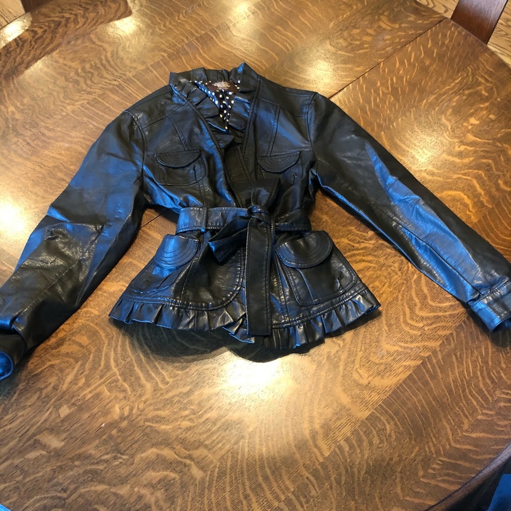 Black faux leather tie waist jacket